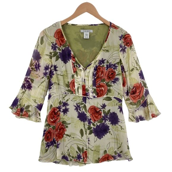 Nine West Blouse Top Womens Size 8 Multicolor Floral 100% Silk V Neck Pullover - Picture 1 of 14